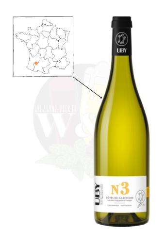 Bouteille de vin blanc IGP Côtes de Gascogne Uby n°3. Vin blanc vif, sec et fruité.