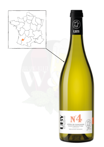 Bouteille de vin blanc demi doux d' IGP Côtes de Gascogne Uby n°4, avec des notes de fruits exotiques rond et velouté.
