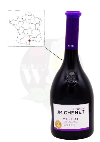Bouteille d'IGP Pays d'Oc - JP Chenet Merlot. C'est un vin rouge expressif dévoilant des notes de fruits rouges et de fruits noirs.