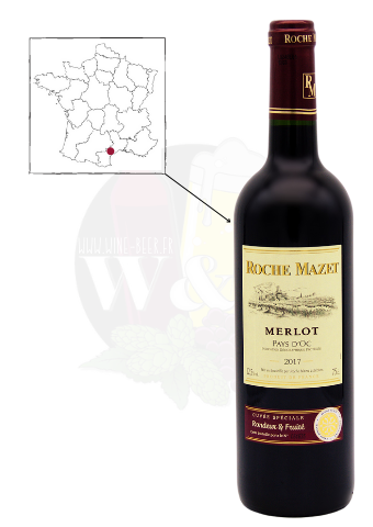 Bouteille d'IGP Pays d'Oc - Roche Mazet Merlot. C'est un vin rond, sur des arômes de fruits noirs et légèrement épicé.