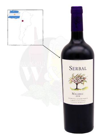 Bouteille de Serbal Malbec - Mendoza Argentine. C'est un vin rouge intense et élégant, floral de part ses notes de violettes mais également sur le fruit comme la mûre ou le raisin sec.