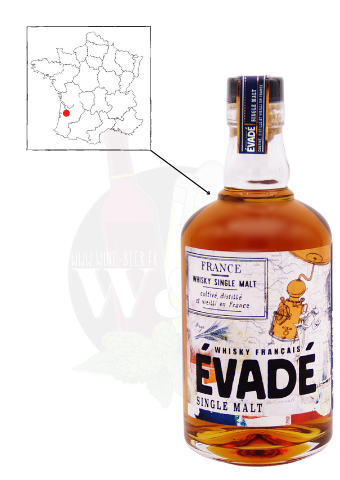 Bouteille de Whisky Français - Evadé Single Malt. Il s'agit d'un whisky distillé et vieilli de 3 à 5 ans dans des alambics charentais. On y retrouve des notes de chocolat noir, de fruits secs mais également de pomme cuite.